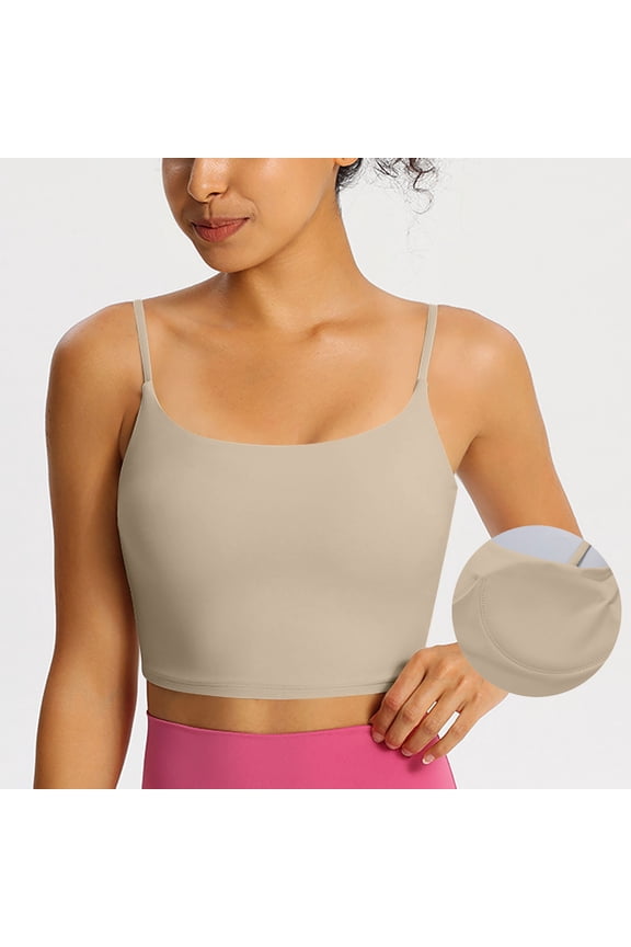 Women's Spaghetti Strap Half Camisole With Build-In Bra Stretch Lightweight Soild Color Sleeveless Undrewear For Athletic Gym Beige XL