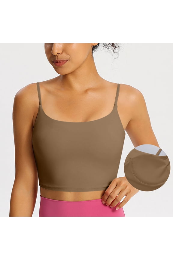 Women's Spaghetti Strap Half Camisole With Build-In Bra Stretch Lightweight Soild Color Sleeveless Undrewear For Athletic Gym Khaki M