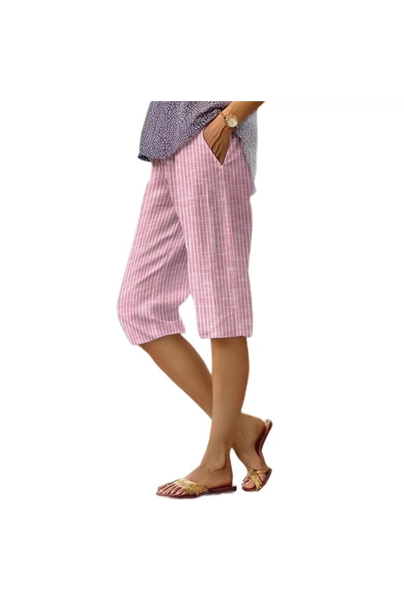 Women's Striped Linen Half Pants Loose Fit High Waisted Pants With Pockets Summer Vocation Beach Casual Graphic Pants Gray L
