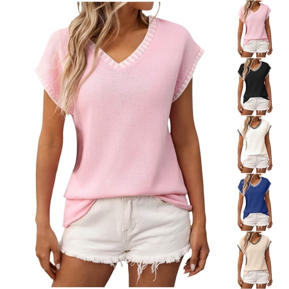Liweisiy Women's V Neck Knit Shirts Cap Sleeve Loose Fit Blouse Summer Soft Crochet Casual Trendy Tops Blue M