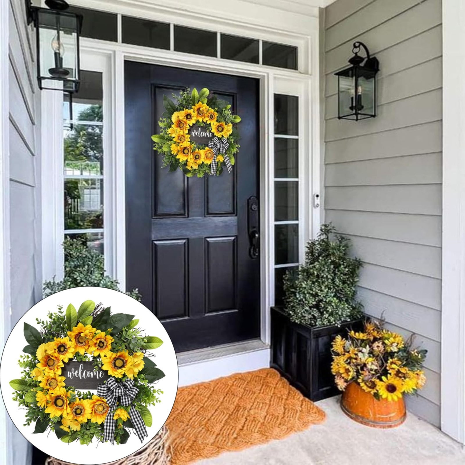 Liwnm Sunflower Wreath with Welcome Spring Summer Wreath for Front Door ...