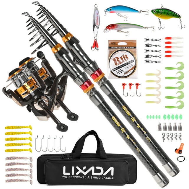Lixada 2PCS Carbon Fiber Telescopic Fishing Rod and Reel Combo Kit,Spinning Fishing Reel Gear Organizer Pole Set