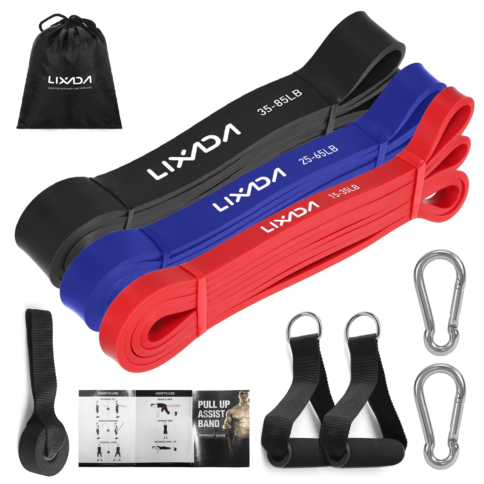 Lixada 3 Packs Pull Up Assist Bands Set Resistance Loop Bands Powerlifting Workout Exeise Stretch Bands with Door Anchor Foam Handles Hooks and Carry Bag