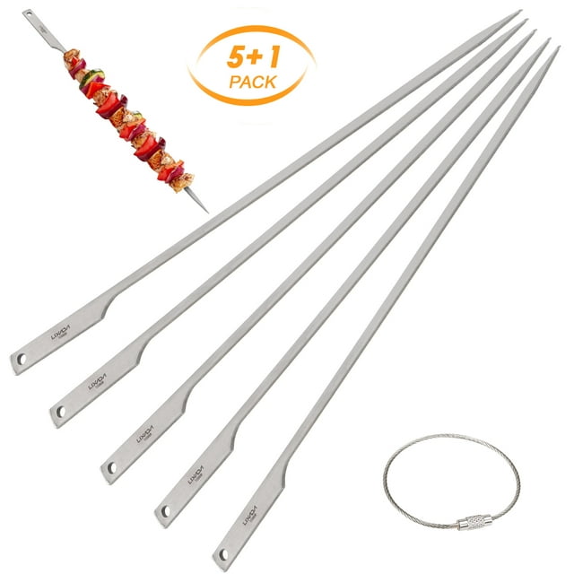 Lixada 5pcs 10 Inch Flat Barbecue Skewers Backyard Picnic BBQ Grilling Kabob Skewers BBQ Sticks with Wire Ring