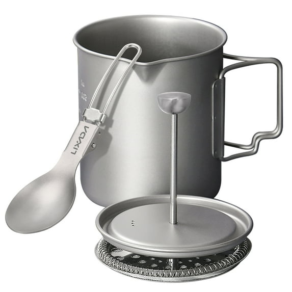 Lixada 750ml Coffee Cup Mug French Press Pot Coffee Maker Titanium Cup - Durable Camping Cooking Pot with Folding Spoon