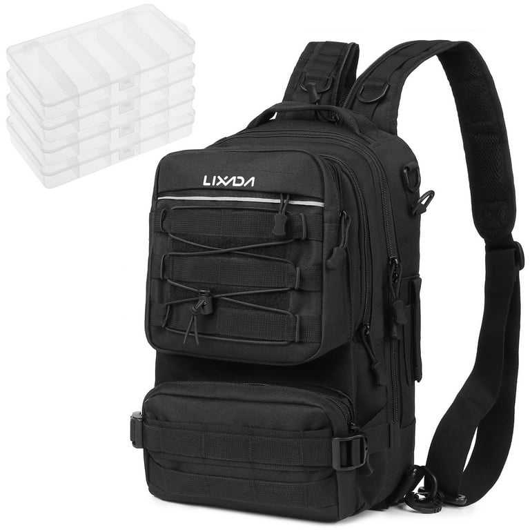 Lixada Outdoor Shoulder Backpack Water-Resistant Fishing Gear Bags with 4 Tackle Box Fishing Gear Bag, adult Unisex, Size: 17.5, Black