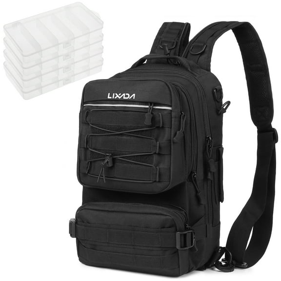 Lixada Fishing Sling Tackle Storage Bag, Lightweight Sling Fishing Backpack for Fishing Hiking Hunting with 4 Tackle Box Fishing Gear Bag