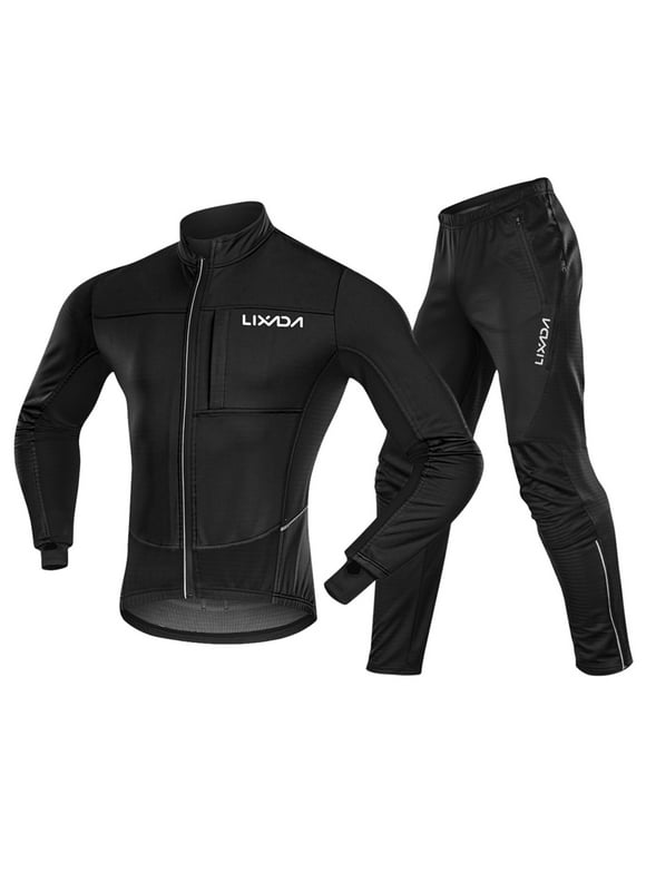 Lixada Men Cycling Clothing Set Waterproof Windproof Thermal Fleece Long Sleeve Bicycle Jacket Jersey with Pants