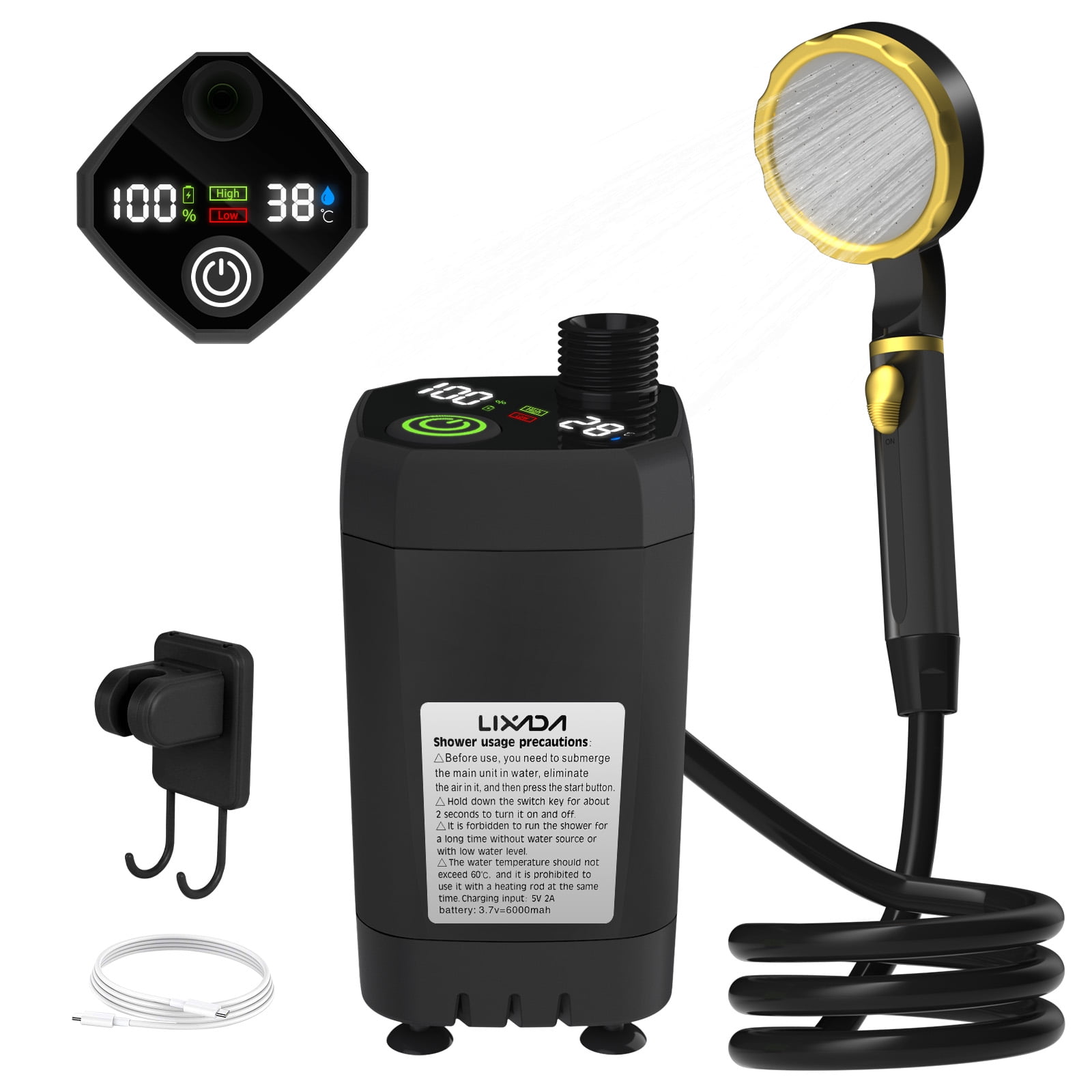 Lixada Portable Shower for Camping, Outdoor Electric Shower Rechargeable Pump with Intelligent Display, Camping Shower Head Nozzle for Camping, Hiking, Traveling, Washing