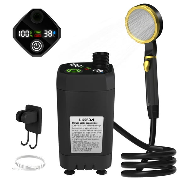 Lixada Portable Shower for Camping, Outdoor Electric Shower Rechargeable Pump with Intelligent Display, Camping Shower Head Nozzle for Camping, Hiking, Traveling, Washing