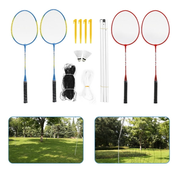 Blusea 4 Player Badminton Racket Set - Backyard Games Include 4 Badminton Rackets, 2 Birdies, Regulation-Size Net with Pole Stakes
