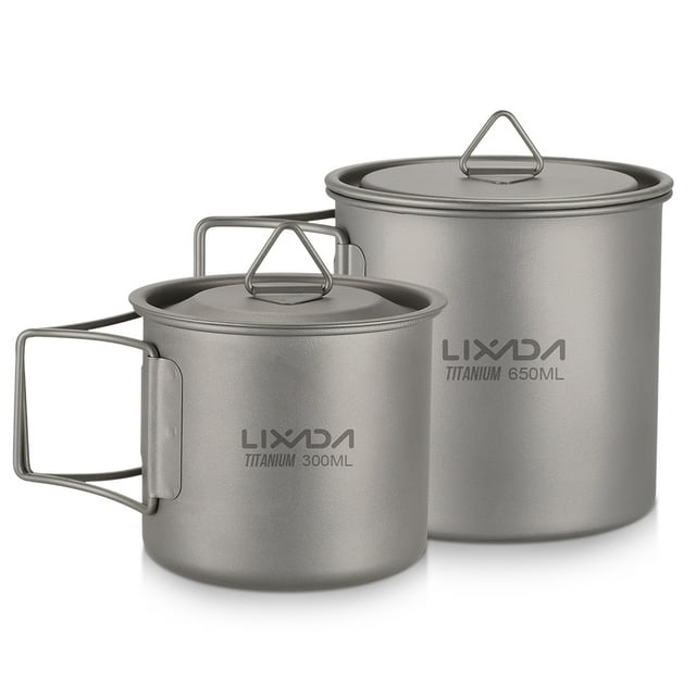 Lixada Ultralight Titanium Cup Outdoor Portable 2PCS Cup Set 300ml 650ml Camping Picnic Water Cup Mug with Foldable Handle