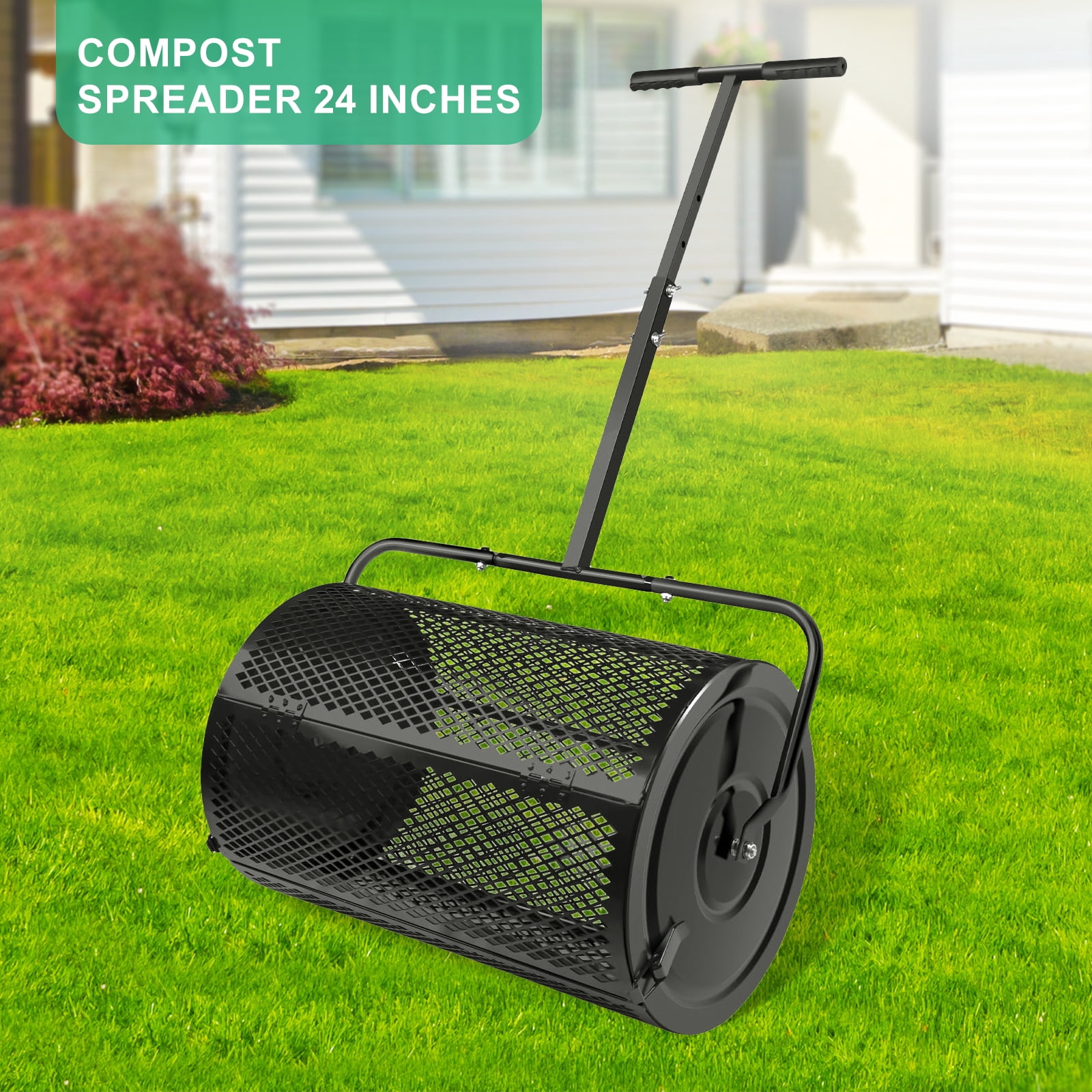 Lixhey 24-Inch Compost Spreader & Peat Moss Spreader – Lawn Roller Spreader with Adjustable T-Handle, Steel Mesh Basket, Black