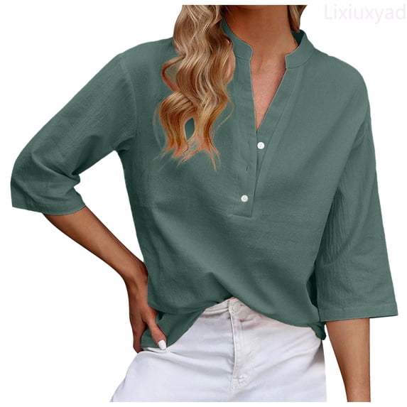 Lixiuxyad 3/4 Sleeve Women's Top Casual Loose Round Neck T Shirt Cute Solid Color Long Version Top Basic Tee,Green S