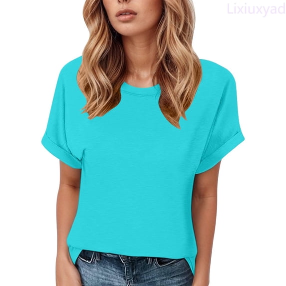 Lixiuxyad A Fashionable And Casual Round Neck Solid Color Short Sleeved T Shirt For Ladies Summer Tee Shirts,Blue M