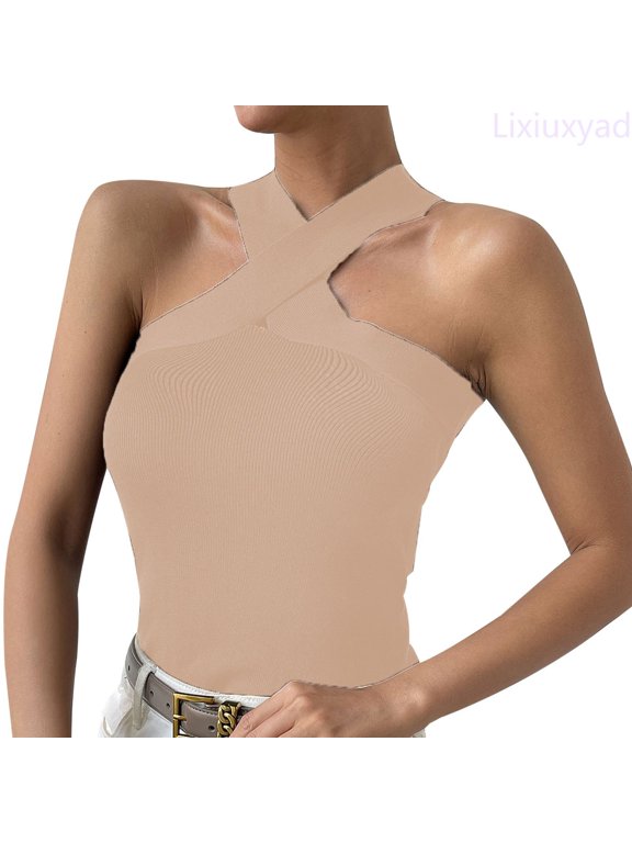 Adjustable Strap Tank Tops Women's simple knitted suspender top vest,Beige