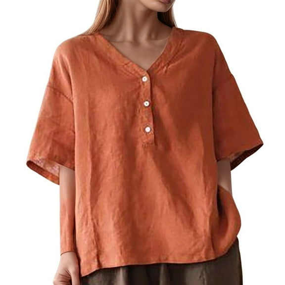 Lixiuxyad Baggy T Shirts Summer Loose Fitting Slimming Linen Short Sleeve T Shirt For Women,Brown XL