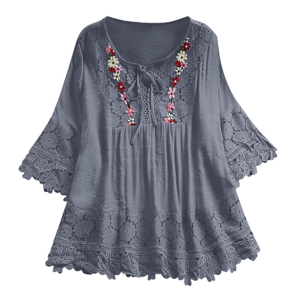 Lixiuxyad Baggy T Shirts Women Vintage Lace Patchwork Bow V Neck Three Quarter Blouses Top T Shirt,Gray XXXXXL