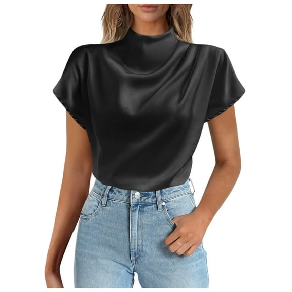 Lixiuxyad Baggy T Shirts Womens Summer Satin Casual Ruffle Short Sleeve Crewneck Tops,Black L