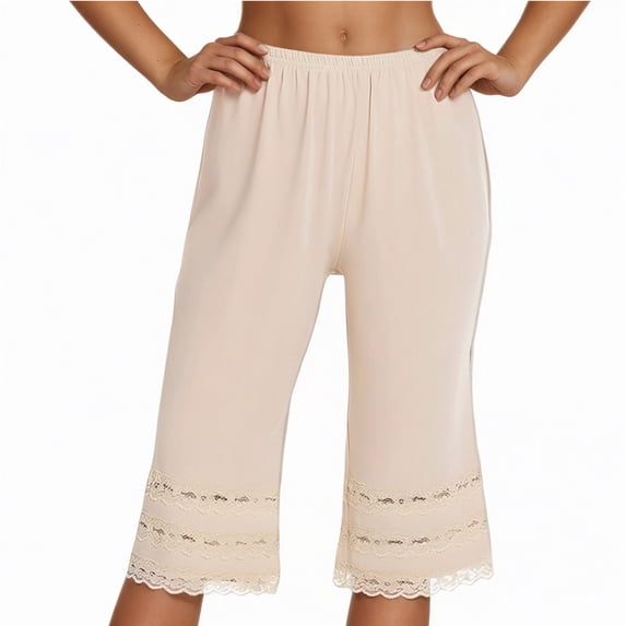 Lixiuxyad Baggy Wide Leg Pants Women's Fashionable Casual Lace Solid Color Pajama Pants Capri Pants Beige