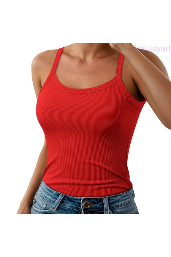 Basic Cami Tops Women Spaghetti Strap Neck Ribbed Tank Tops Slim Fitted Camisole Basic Sleeveless Layering Shirts,Red