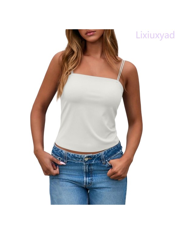 Basic Camisole Built In Bra Camisole Top Low Cut Strappy With Removable Padding For Comfort And Support,White L