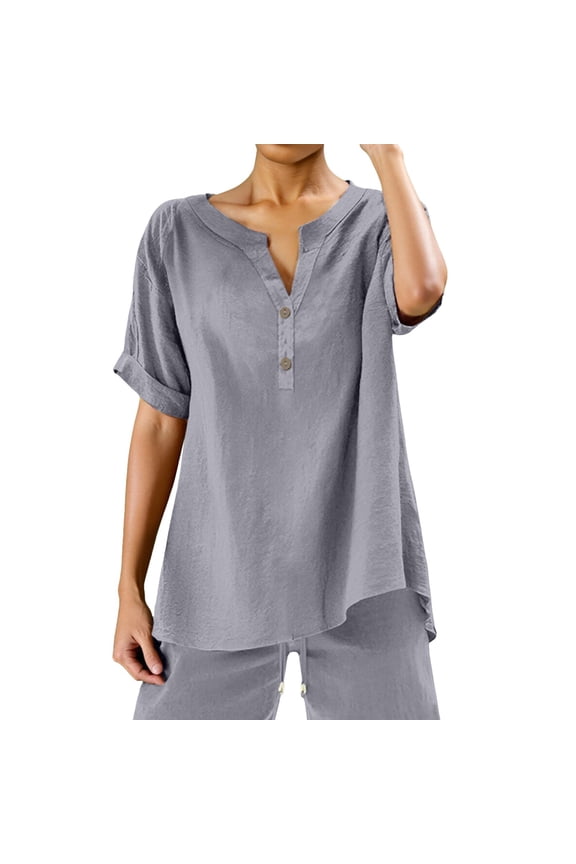 Basic Regular Fit T Shirts Womens Loose Buttons Down Blouse Tops Solid Casual Short Sleeve Shirt Blouse,Gray XXL