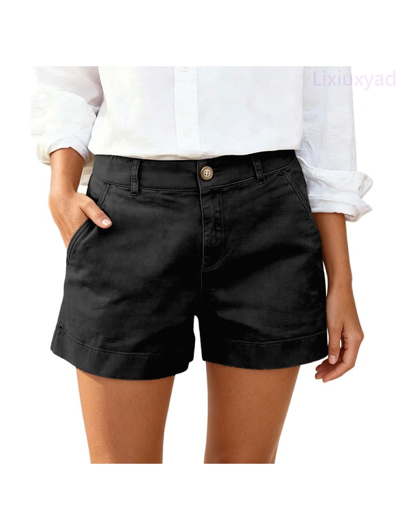 Bermuda Shorts for Women Summer Wide Leg Dressy Casual Shorts High Waisted Pleated Button Roll Up Shorts with Pockets Sizes S-2XL,Black