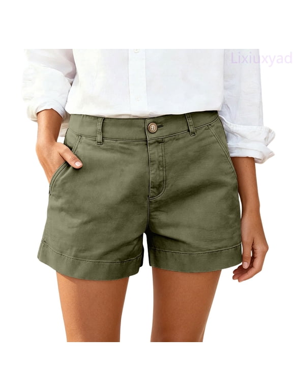 Bermuda Shorts for Women Summer Wide Leg Dressy Casual Shorts High Waisted Pleated Button Roll Up Shorts with Pockets Sizes S-2XL,Green