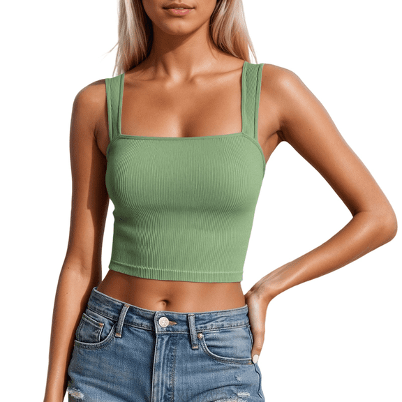 Lixiuxyad Built-in Bra Tank Tops Sleeveless Square Neck Stretch Cropped Tank Top Camisole For Casual Wear And Layering,Green