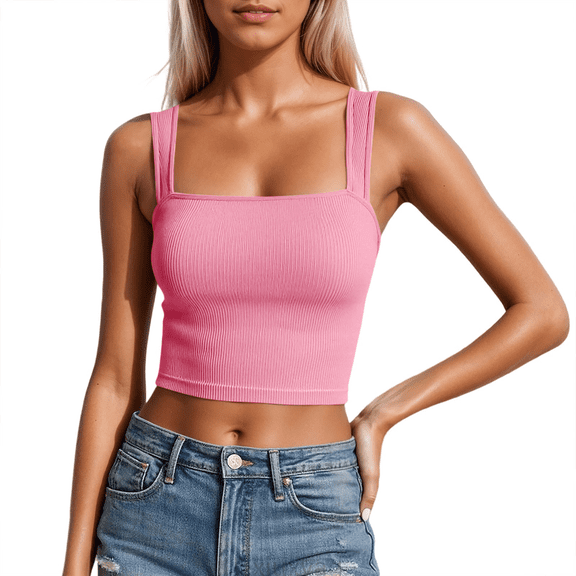 Lixiuxyad Built-in Bra Tank Tops Sleeveless Square Neck Stretch Cropped Tank Top Camisole For Casual Wear And Layering,Red