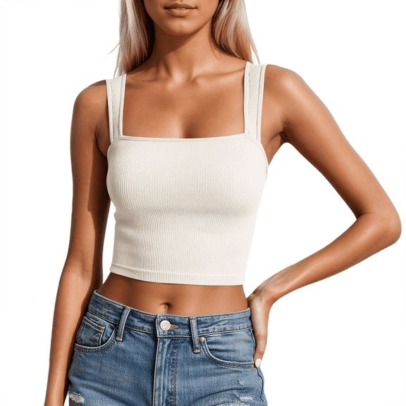 Lixiuxyad Built-in Bra Tank Tops Sleeveless Square Neck Stretch Cropped Tank Top Camisole For Casual Wear And Layering,White
