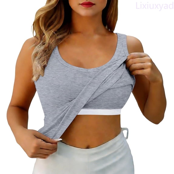Lixiuxyad Cami Tank Top High Neck Long Sleeve Built In Bra Tank Top Seamless Slim Fit Camisole For Layering Comfortable Basic Shirt,Gray