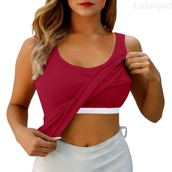 Lixiuxyad Cami Tank Top High Neck Long Sleeve Built In Bra Tank Top Seamless Slim Fit Camisole For Layering Comfortable Basic Shirt,Red