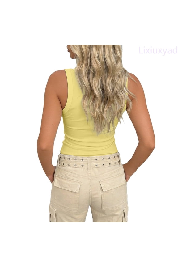 Camisole Casual Tanks Ribbed Crop Tank Top – Solid Color Sleeveless T Shirt Slim Fit High Stretch Club Streetwear,Yellow