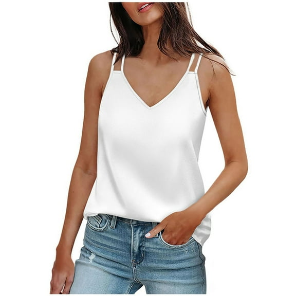 Lixiuxyad Camisole Casual Tanks Summer V Neck Tank Tops For Women Silk Satin Summer Sleeveless Camisole Straps Top(White L)