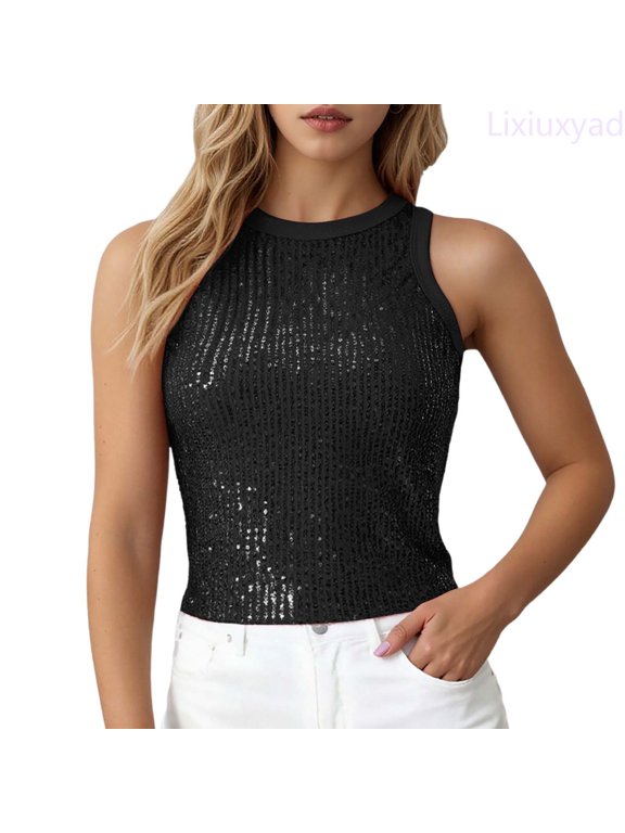 Camisoles For Women Fashion Sequin Camisole Summer Sleeveless Tank Top With Glitter Rhinestone Spaghetti Strap For Casual Party Wear,Black