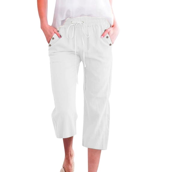 Lixiuxyad Capri Pants for Women Casual Summer Drawstring Elastic High Waist Linen Pants Wide Leg Plus Size White
