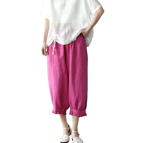 Lixiuxyad Cargo Pants for Women Vintage Aesthetic Women's Linen Harem Pants Slim Fit Solid Color 3/4 Length Casual Trousers With Lace Trim Red