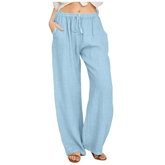 Lixiuxyad Cargo Pants for Women Wide Pants Waist Long Drawstring Casual Linen Elastic Women Leg Solid Cotton Pants Blue