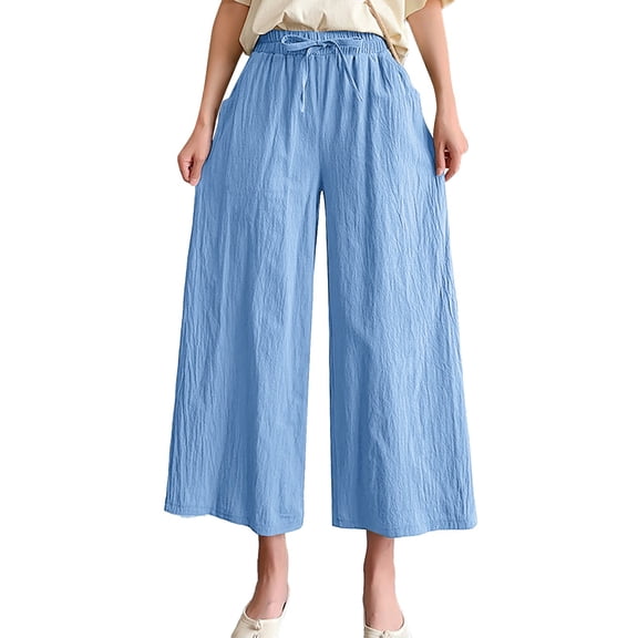 Lixiuxyad Cargo Pants for Women Women Solid Casual Pocket Wide Leg Pants Elastic Waist Belt Loose Pants Cropped Pants Blue
