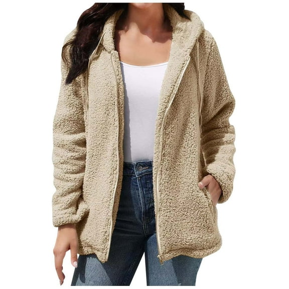 Lixiuxyad Casual Loose Womens Fleece Jackets Solid Zip Up Coats Long Sleeve Fuzzy Hooded Jacket Outerwear With Pockets Yellow