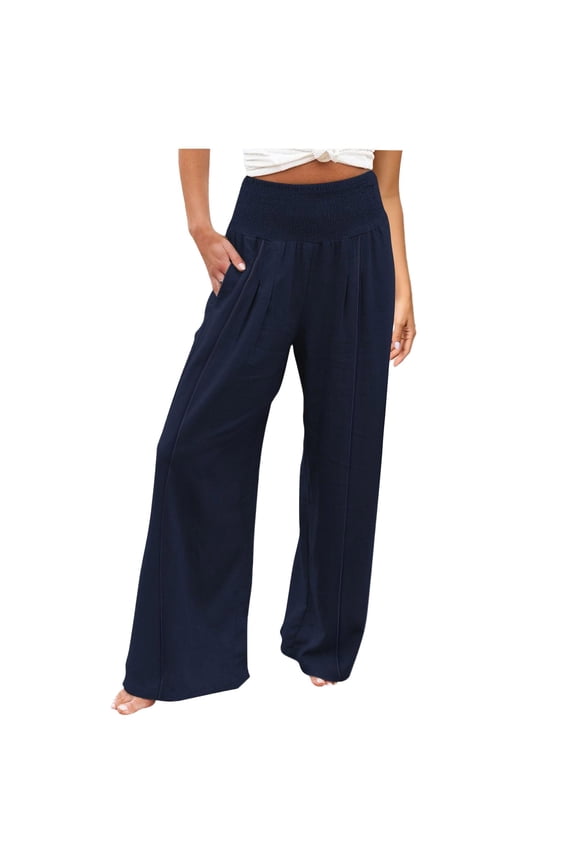 Casual Pants for Women Linen Pants Women Comfy Flowy Wide Leg Pants Summer Baggy High Waisted Palazzo Beach Pants Trousers With Pockets Blue