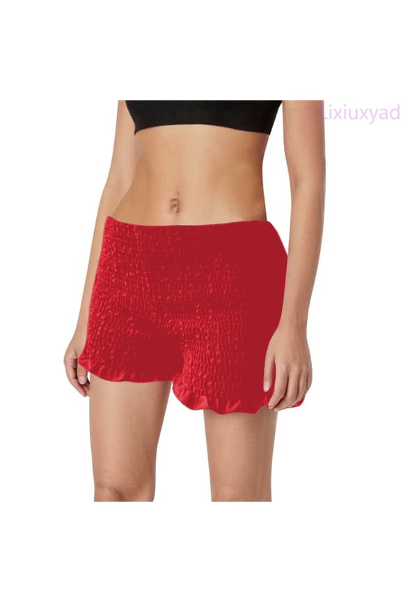 Casual Summer Shorts Women Gingham Boy Shorts Smocked Plaid Cute Frill Ruffle Micro Shorts Bottoms Pettipants,Red L