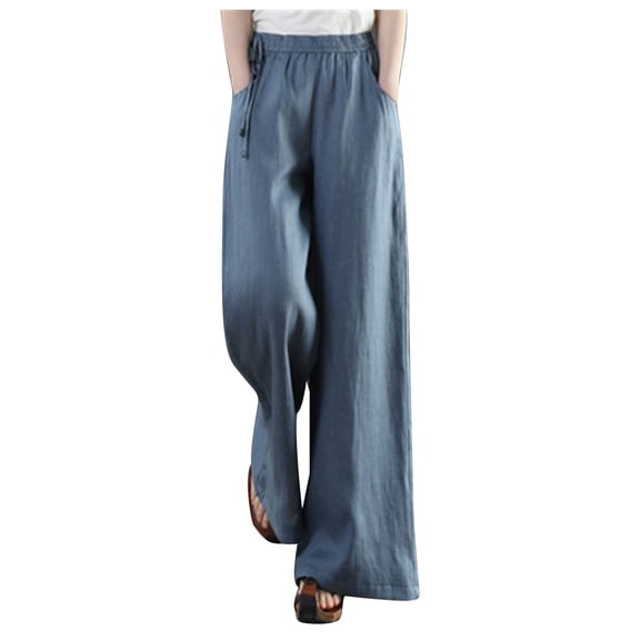 Lixiuxyad Casual Sweatpants Women's Linen Wide Leg Pants High Waist Drawstring Casual Trousers With Pockets Blue