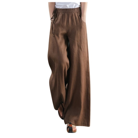 Lixiuxyad Casual Sweatpants Women's Linen Wide Leg Pants High Waist Drawstring Casual Trousers With Pockets Brown