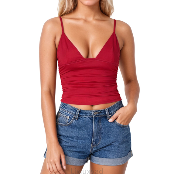 Lixiuxyad Casual Tank Tops Fashion Streetwear V Neck Solid Color Ribbed Cropped Tank Top For Casual Wear And Layering,Red
