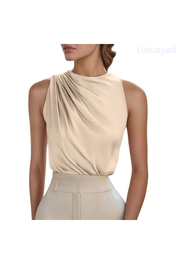 Casual Tank Tops Fashion Versatile Solid Color Ruched Sleeveless Pullover Semi High Neck For Casual Wear,Beige