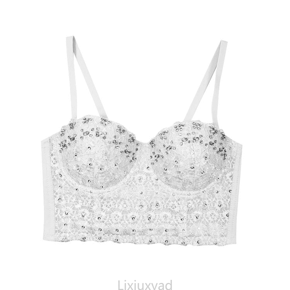 Lixiuxyad Casual Tank Tops Lace Camisole Rhinestone Beaded Crop Top Belly Dance Corset Slimming Fishbone Bustier Top For Fashionable Layering,White