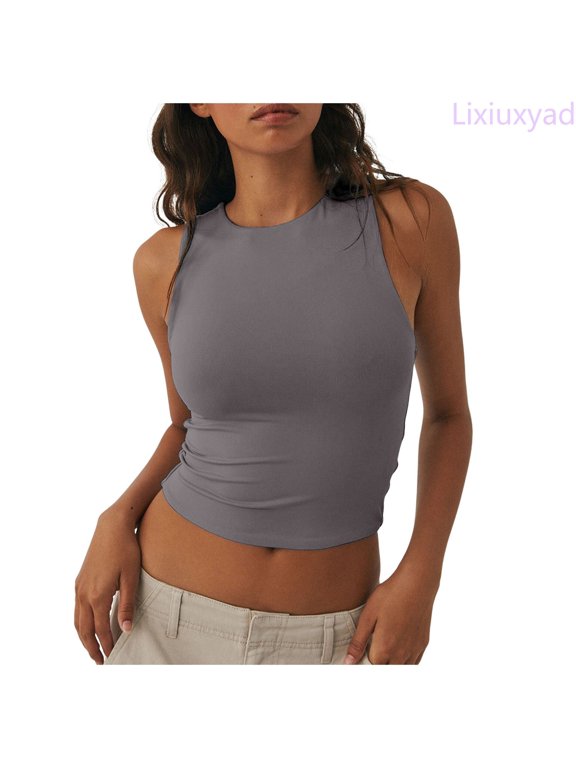 Cute Tank Tops Women Sleeveless Crewneck Cropped Tank Top Summer Casual Basic Girls Going Out Crop Top,Gray